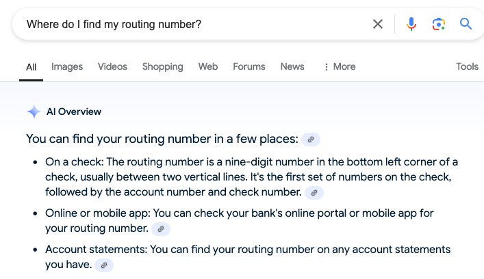 Routing Number Where Do I Find My Routing Number AI Overview | Source: Google